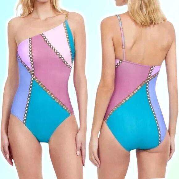 NWT GOTTEX Modern Shades One Shoulder Women's Swimsuit Size 6 Multicolor - Picture 1 of 6